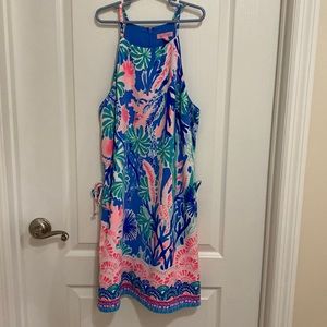Lilly Pulitzer Colorful Spaghetti String Dress with shorts.